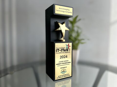 Best Emerging Technology Company trophy from the Saurashtra IT-ITeS Excellence Awards 2024, awarded to Amenity Technologies and organised by RITA
